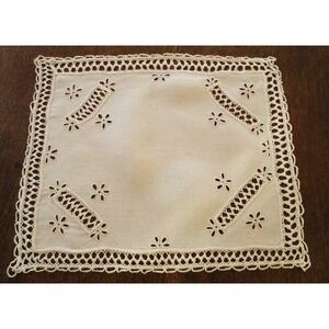 Antique Linen Needle Lace Tray Doily Centerpiece Ecru Cutwork Flowers Embroidery